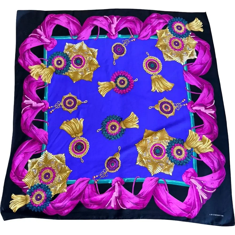 Vintage Liz Claiborne 1990s Silk Jewel Tone Tassel Medallion Scarf 31 x 31